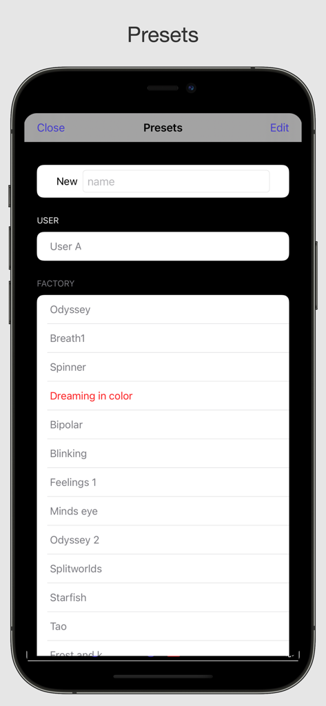 VideoSynth - VideoSynth app preset management screen showing factory and user filters