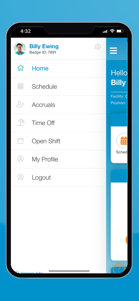 SmartLinx Go app navigation menu showing options for schedule accruals and time off