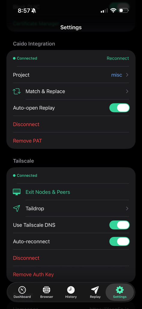 Mitmo - Settings screen of the Mitmo app showing active connections for Caido and Tailscale integrations
