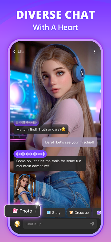 Interfaz de chat de la aplicación Rosytalk que muestra una sesión de chat con un personaje de IA femenino llamado Lila