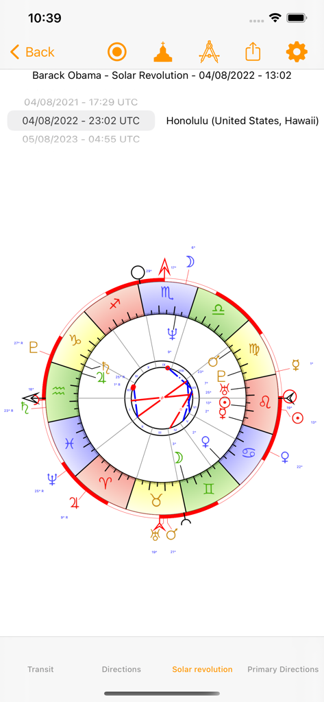 Olympia Astrology - バラク・オバマのためにOlympia Astrologyモバイルアプリに表示された、技術的なソーラーリボリューション占星術ホイール。