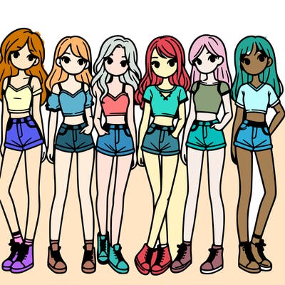 a group of girls wearing crop tops and shorts