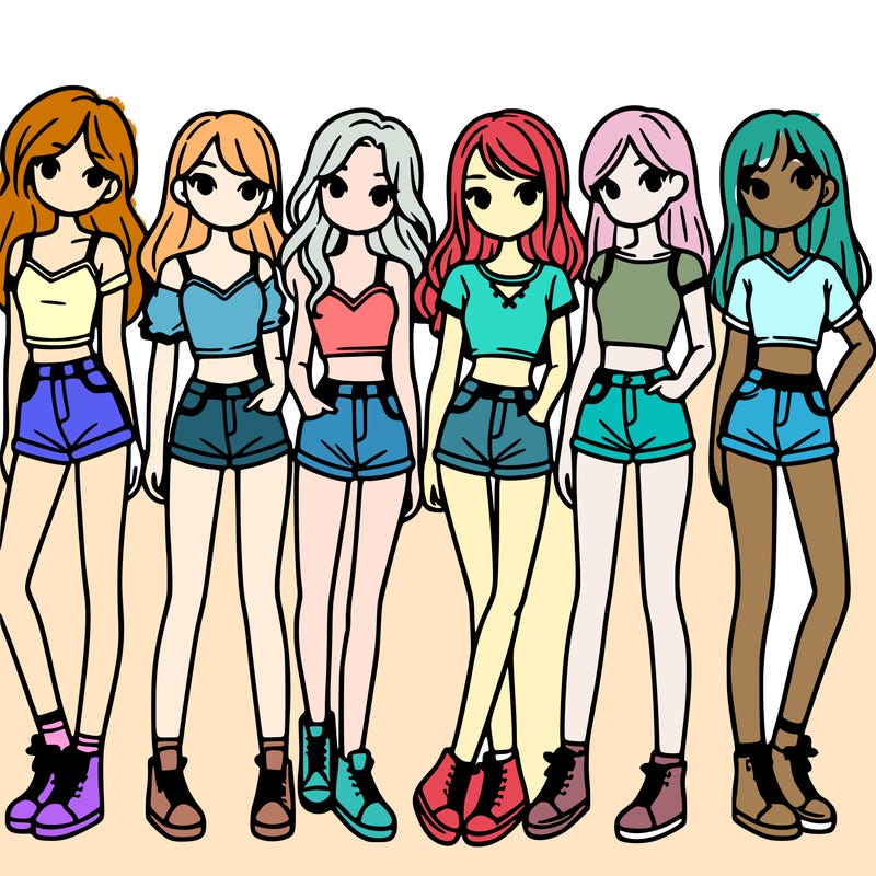 a group of girls wearing crop tops and shorts