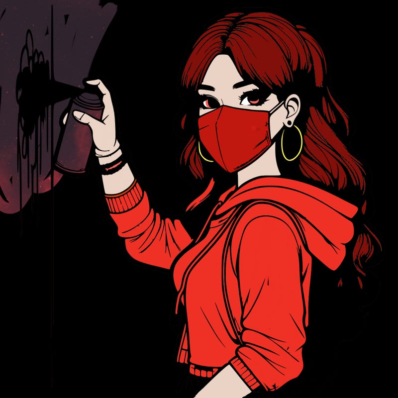 realistic girl with mask spray painting a wall