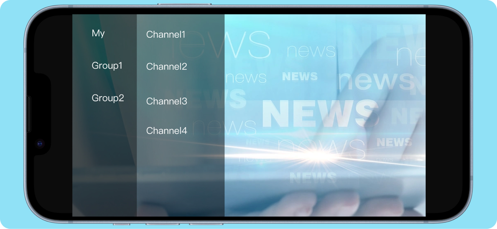 itvPlayer app interface showing channel selection and groups over a news video background