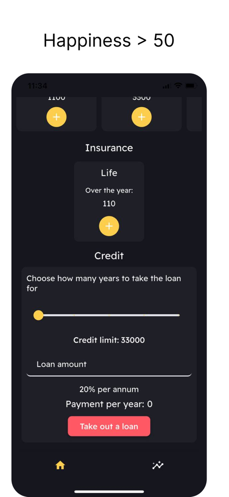 CashFlow Game - Interfaccia mobile del Gioco CashFlow che mostra opzioni per richiedere un prestito e gestire l'assicurazione sulla vita.