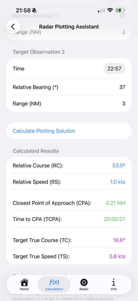 Screenshot of the Radar Plotting Assistant in the Maritime Master app showing target observation data and calculated results for collision avoidance