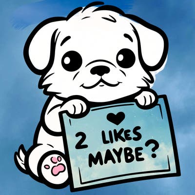 a puppy holding a sign that says 2 likes maybe?