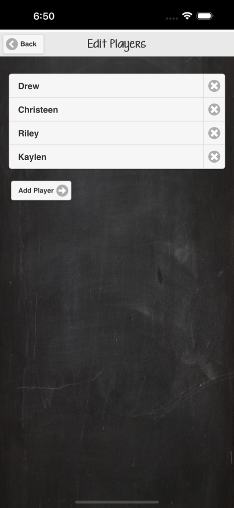 Edit players screen in Score It Pro app showing a list of four players on a blackboard background.