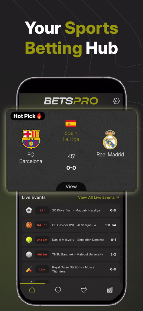 BetsPro AI - BetsPro AI mobile App Home-Bildschirm mit einem heißen Fußball-Pick und Live-Sportveranstaltungen