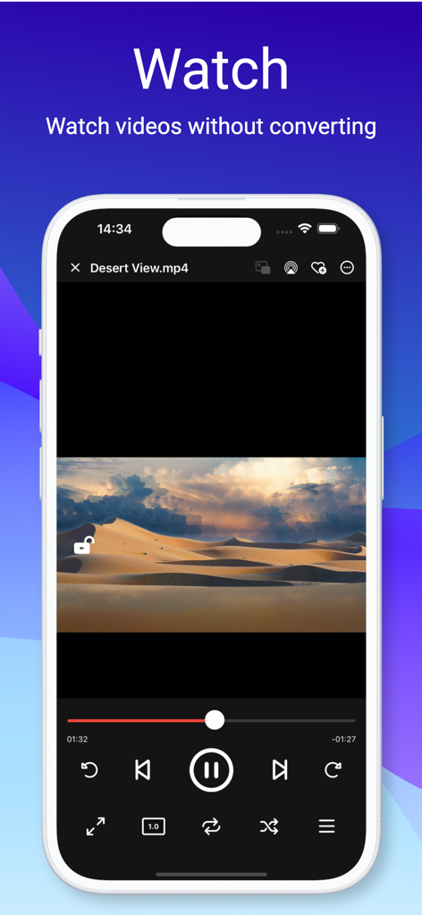 Interface do reprodutor de vídeo do aplicativo File Hub reproduzindo um arquivo mp4 sem conversão