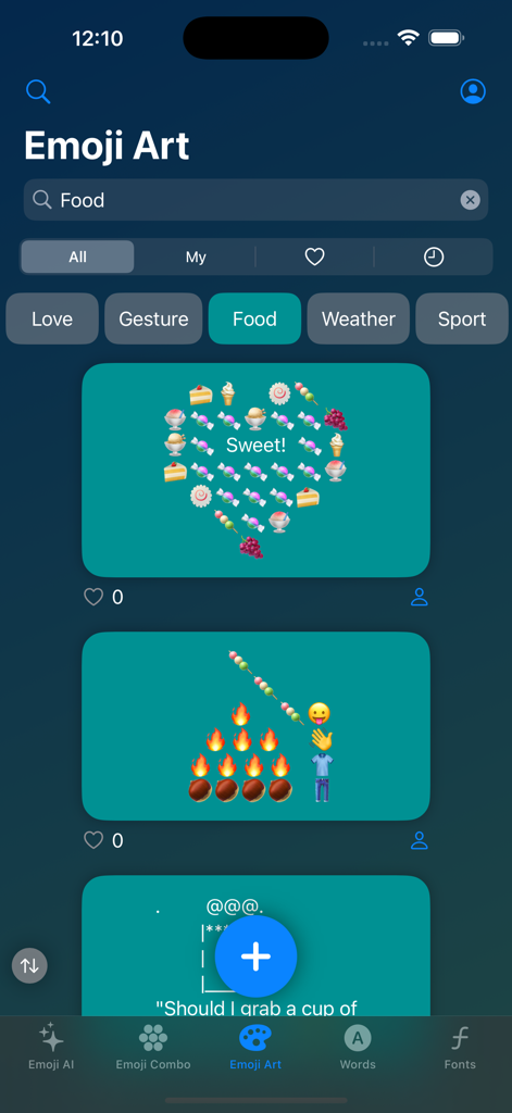 SMS Smileys: Emoji AI Stickers - Ein Bildschirm, der den Bereich Emoji Art mit verschiedenen lebensmittelbezogenen Designs zeigt.