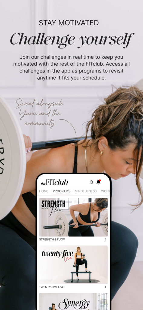 The FITclub by Yami Mufdi - Una mujer levantando una barra junto a un smartphone que muestra programas de entrenamiento en la aplicación FITclub.