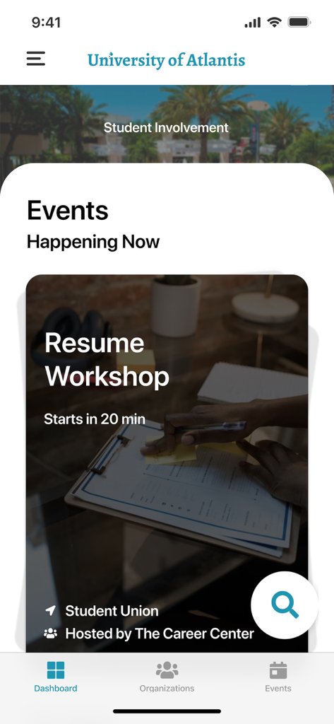 Modern Campus Involve - Modern Campus Involve app dashboard showing university events and a resume workshop