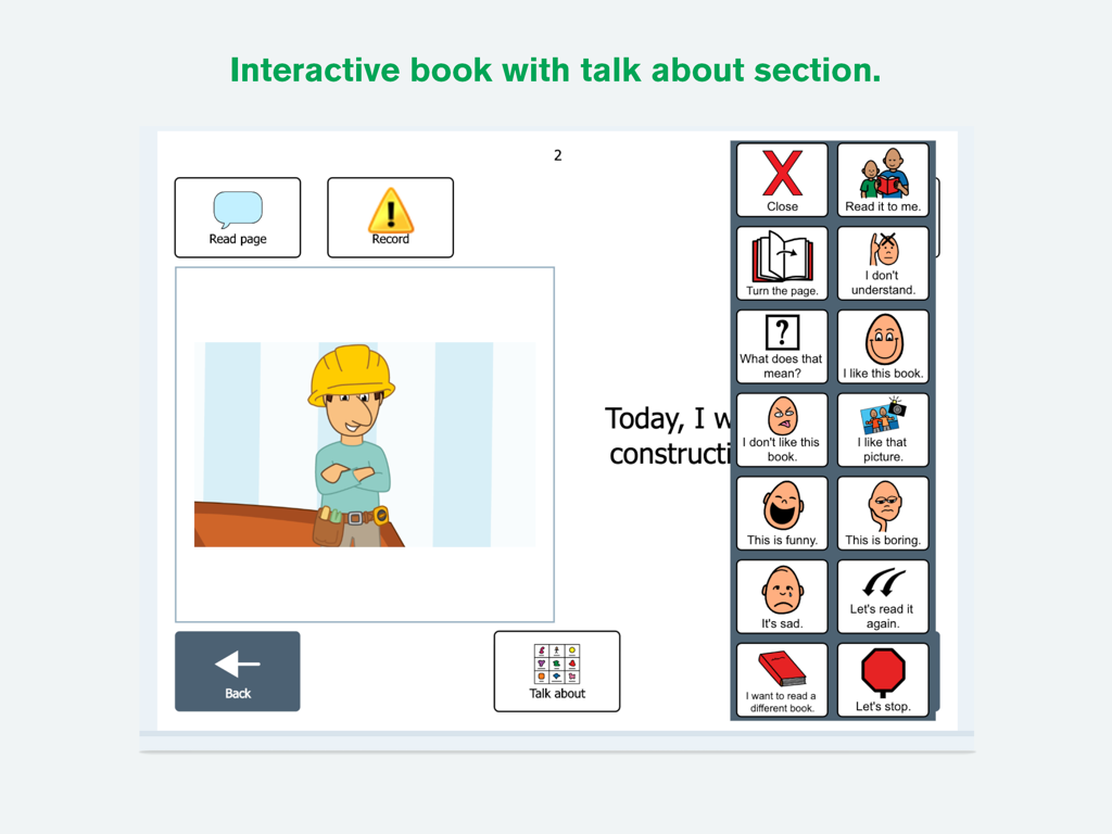 Boardmaker 7 Student Center - Interactive book interface with communication symbols in the Boardmaker 7 Student Center app