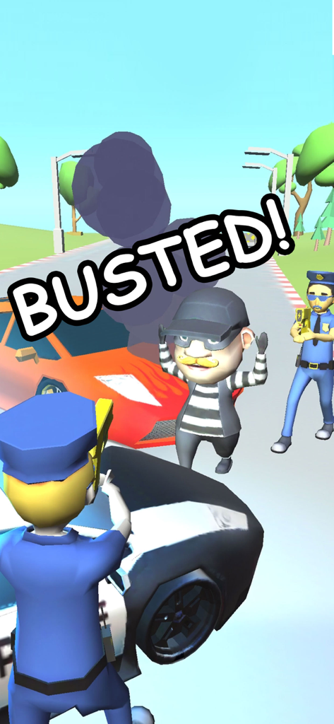 Una escena del juego 3D que muestra a oficiales de policía arrestando a un ladrón con la palabra BUSTED (Arrestado) mostrada en pantalla