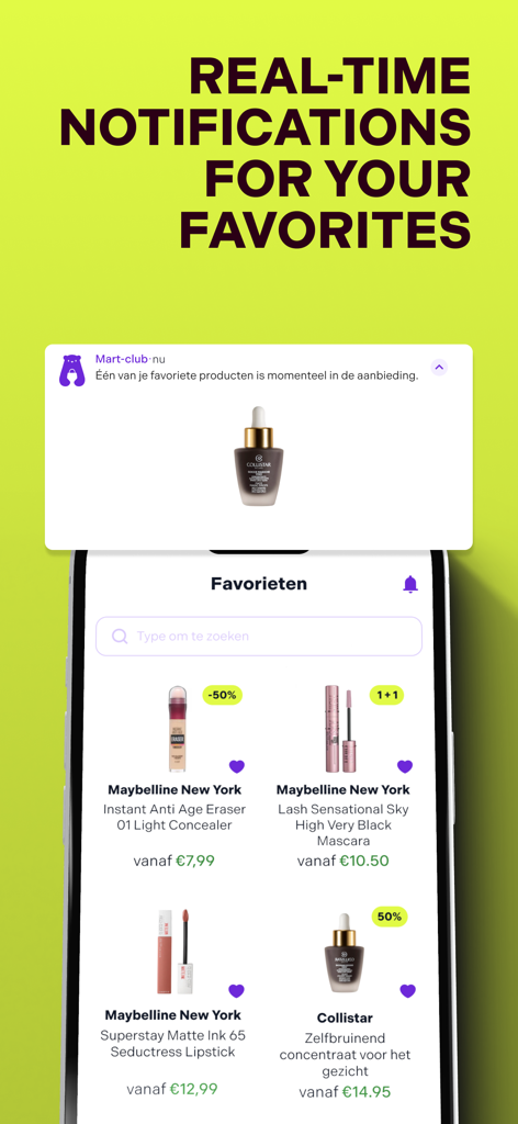 Mart-Club - Mart Club app interface showing real time price drop notifications for favorite cosmetics