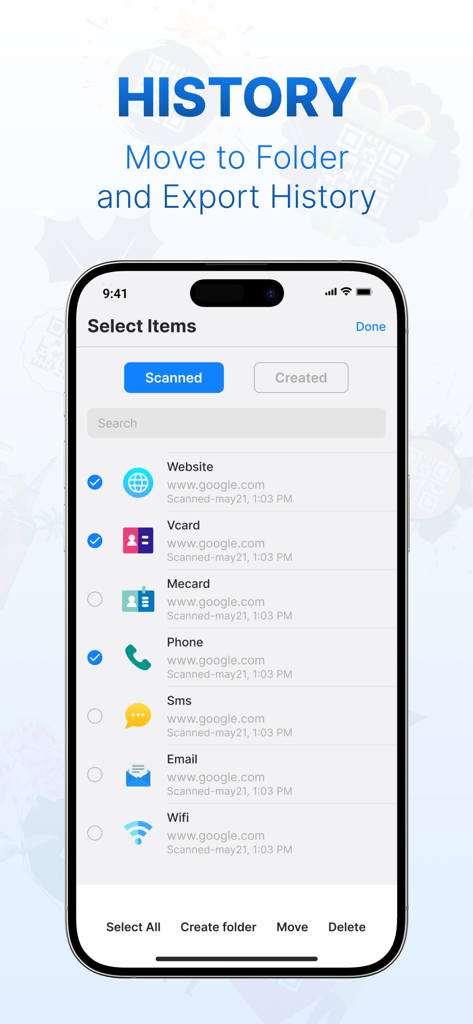 QR Maker: QR Creator & Scanner - Screenshot of the QR Maker app history screen showing a list of scanned items like websites and contact cards with options to organize into folders