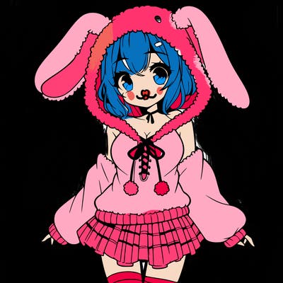 pretty anime girl wearing a fluffy hoodie with bunny ears on the hood and a skirt