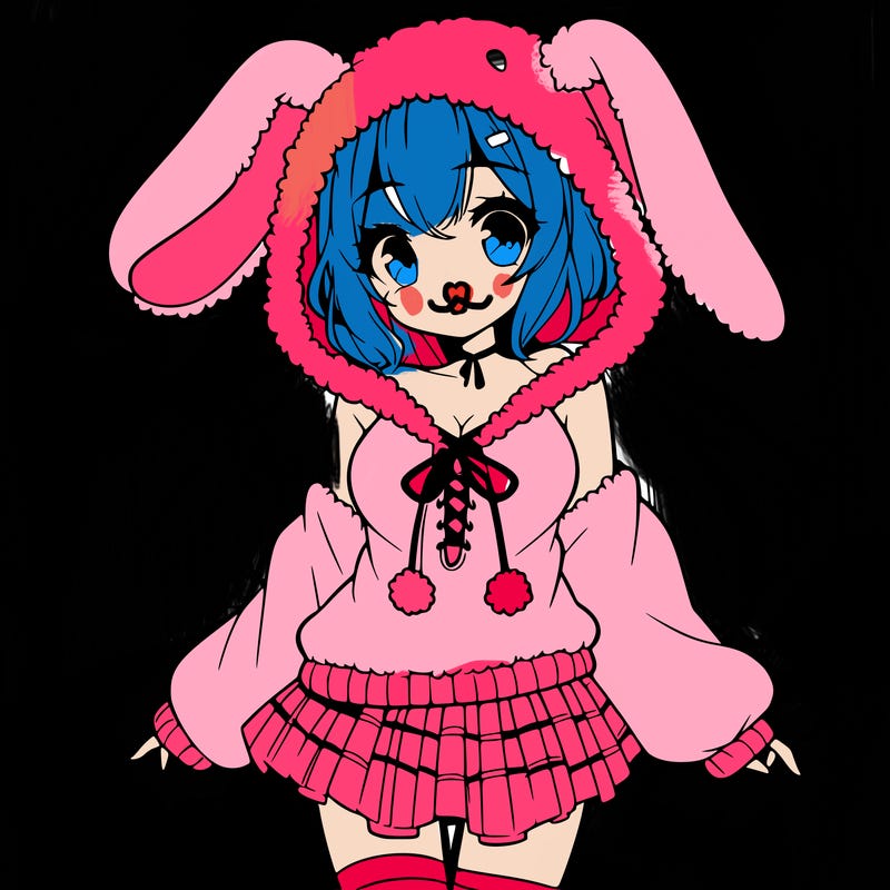 pretty anime girl wearing a fluffy hoodie with bunny ears on the hood and a skirt