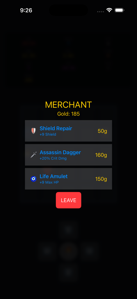 Merchant shop interface in Grid Roguelite showing items like Assassin Dagger and Life Amulet for purchase with gold.