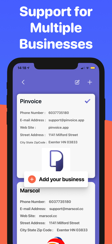 여러 비즈니스를 관리하기 위한 지원을 보여주는 Pinvoice 앱 인터페이스입니다.
