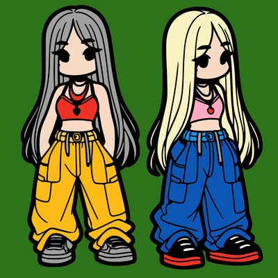 girl in baggy pants crop top and long hair