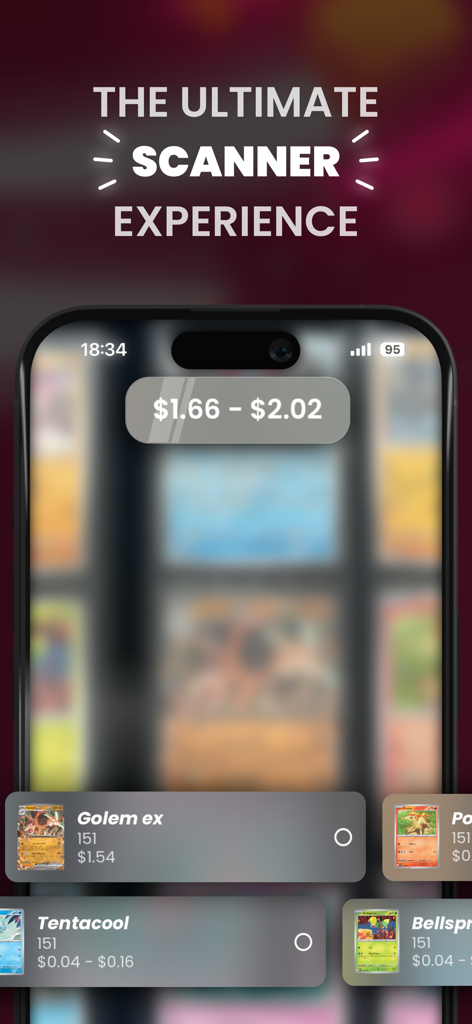 Dex - for TCG Collectors - A smartphone using the Dex app to scan Pokemon cards and display real-time market values.