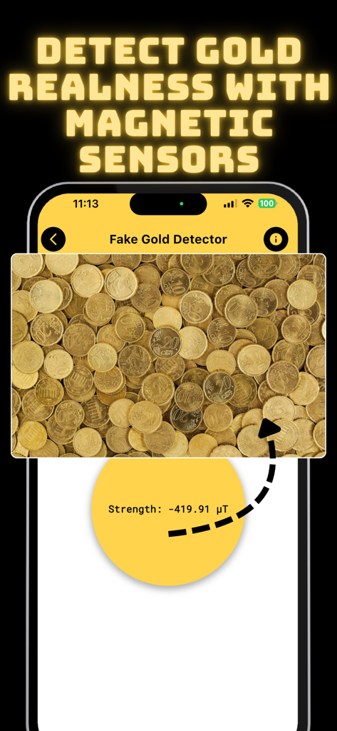 Gold Detector app interface showing fake gold detection with magnetic sensors