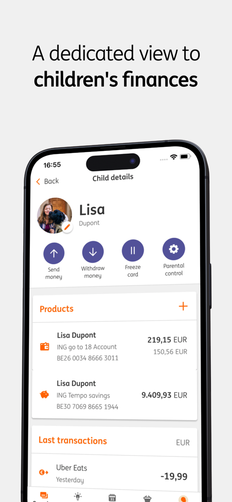 A dedicated view for managing a child's accounts and parental controls in the ING Banking mobile app