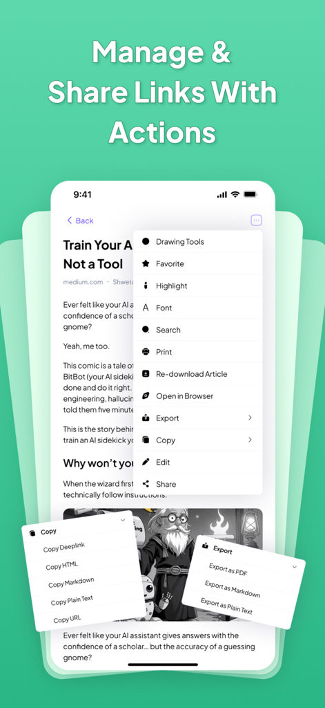 ReadLater: GoodLinks Pro - Una captura de pantalla de ReadLater GoodLinks Pro que muestra el menú de acciones del artículo con opciones para exportar como PDF, copiar como Markdown o compartir enlaces.