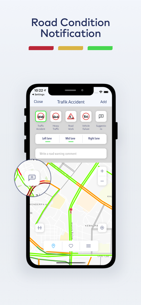 IBB CepTrafik app interface for reporting road conditions such as accidents and heavy traffic on a live map