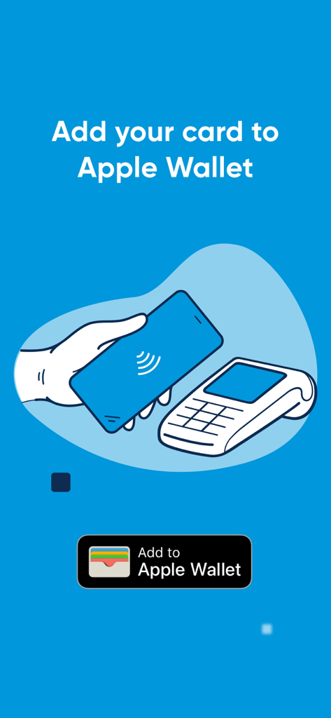 UBB Mobile app screen with an illustration of a phone near a payment terminal and a button to add a bank card to Apple Wallet