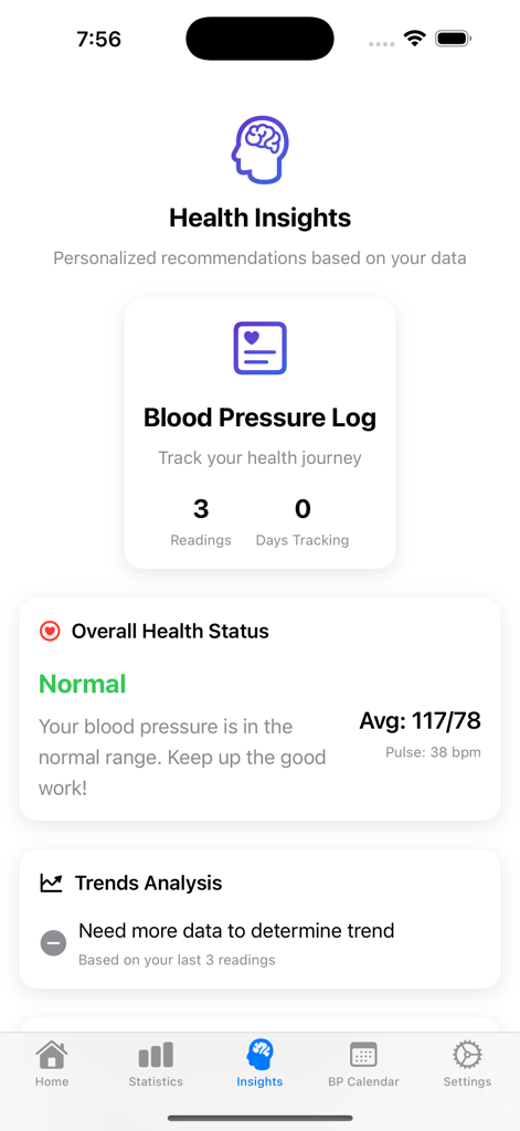 Daily Blood Pressure Log - 血圧記録アプリの健康インサイトダッシュボード。正常な健康状態と平均血圧測定値が表示されています。