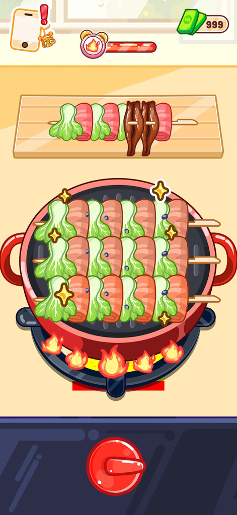 Gameplay screenshot of Mukbang Live showing meat and lettuce skewers being grilled on a stovetop with a heat control dial.