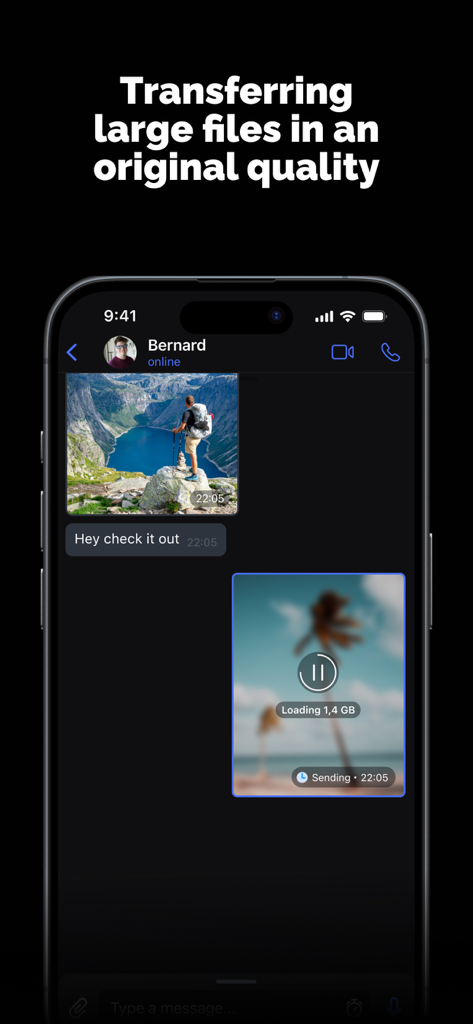 Chat interface showing a large file being sent in original quality on the Chattti app.