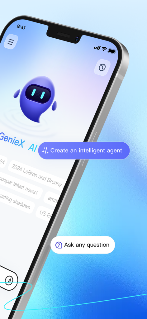 GenieX - AI Chat - Interface do aplicativo GenieX AI Chat em um iPhone exibindo um robô assistente roxo e um prompt para fazer qualquer pergunta.