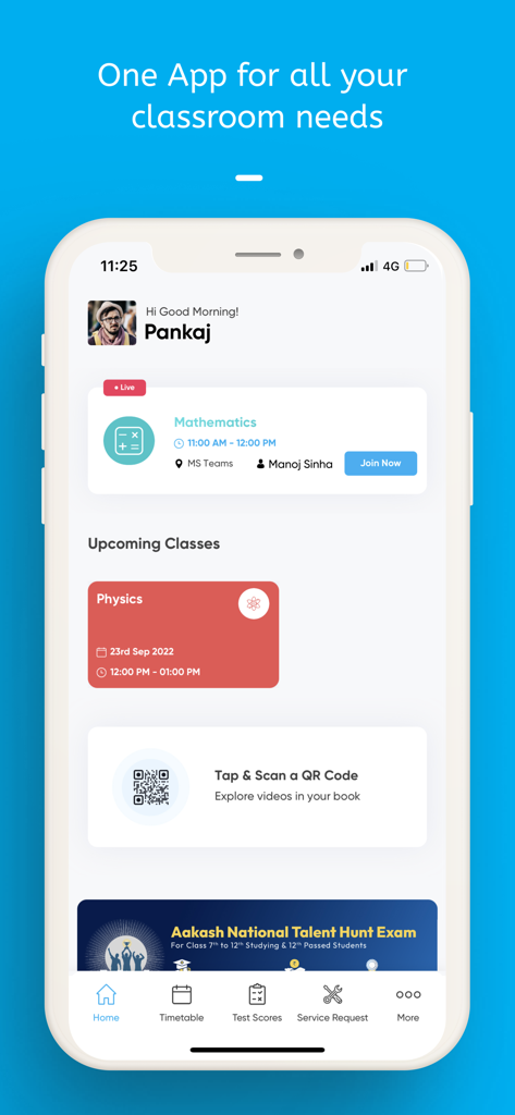myAakash - Dashboard of the myAakash app showing live and upcoming classes for students