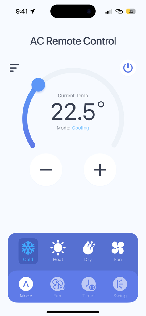 Universal AC Remote Control + - Smartphone screen showing the Universal AC Remote Control app interface with temperature and mode settings