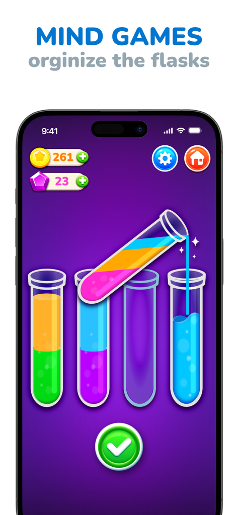 Swipe Games for Kids & Teens - Ein Flüssigkeitssortierspiel für Kinder, das bunte Kolben auf einem Smartphone zeigt