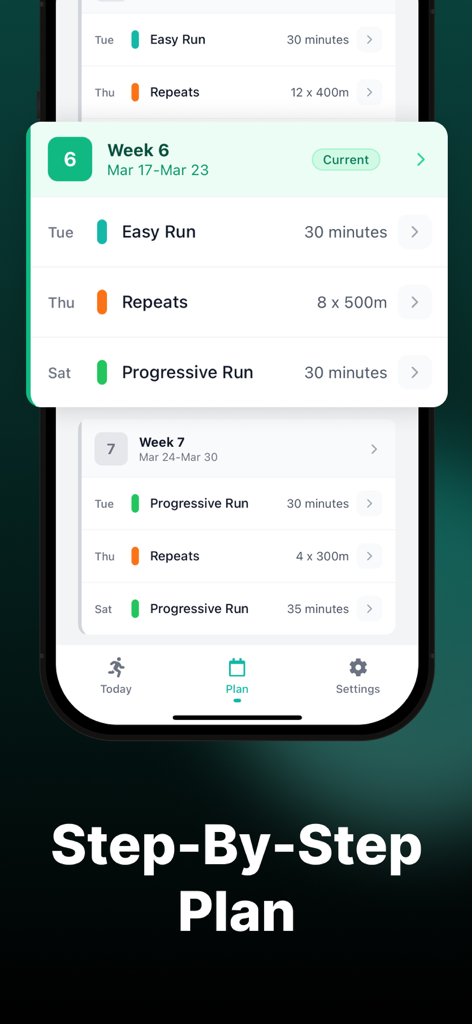 Couch to 5K Run: Running Plans - Pantalla móvil que muestra un plan de carrera semanal paso a paso en la aplicación Couch to 5K