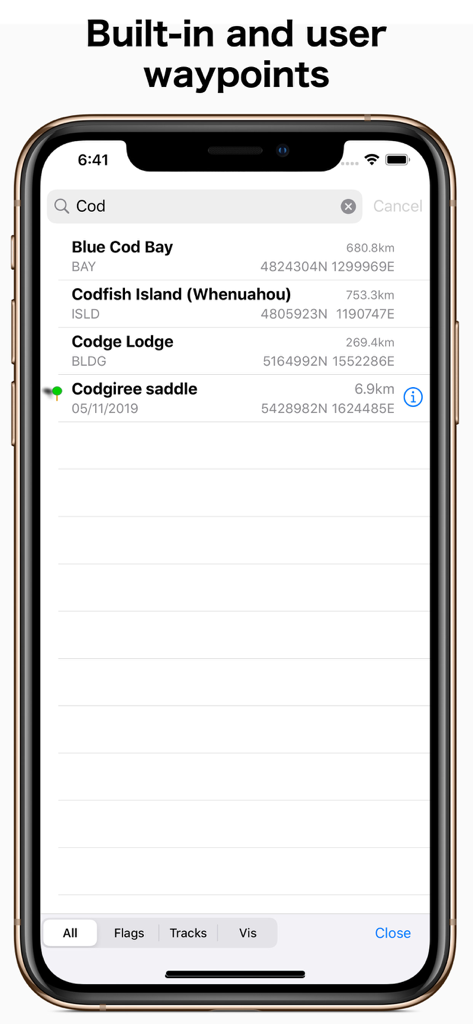 A search screen in the NZ Topo50 app showing a list of geographic waypoints and coordinates.