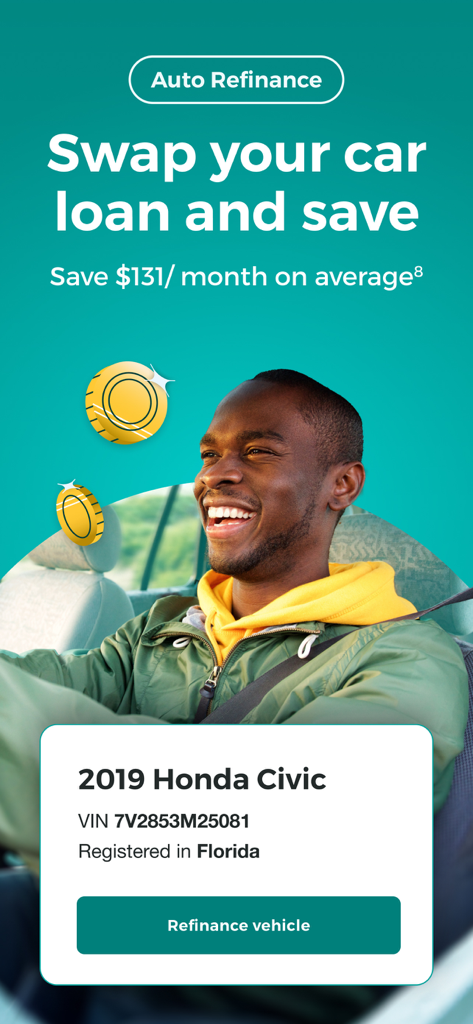 A mobile screen showing the Upstart auto refinance feature with a driver smiling and a call to action to save on monthly car payments