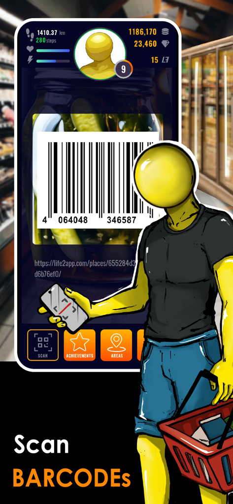 Life2App Activity & Time - Mobile app screen showing the barcode scanning feature with a gamified character in a grocery store environment.