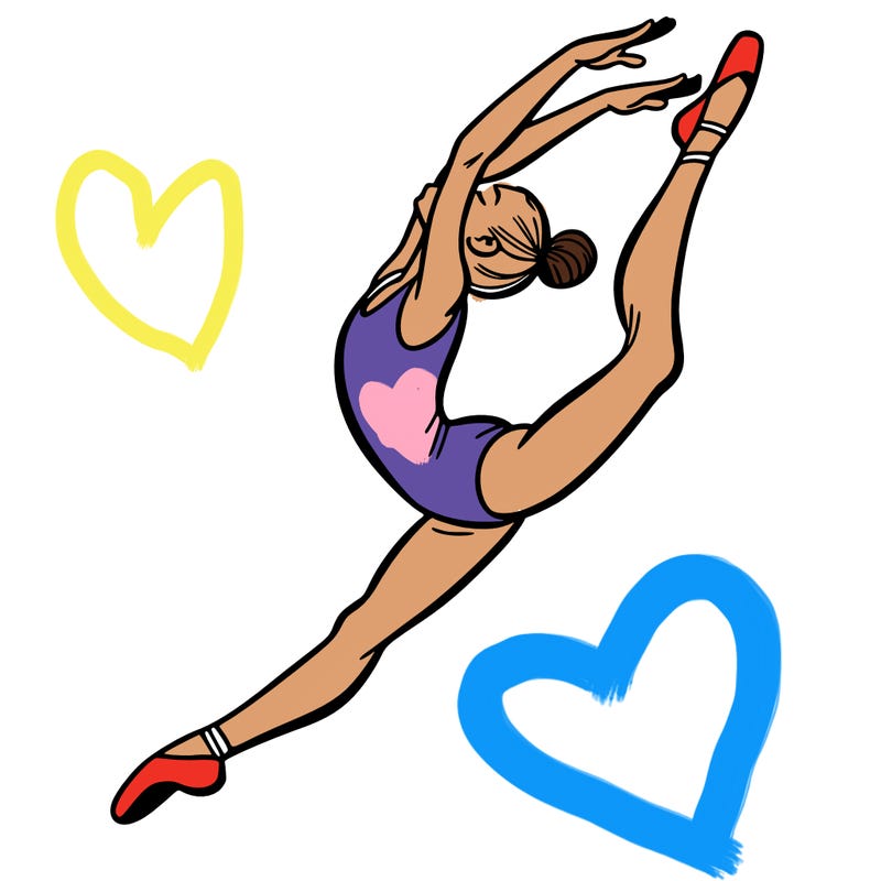 gymnast doing a leap in a leotard with a bent back leg