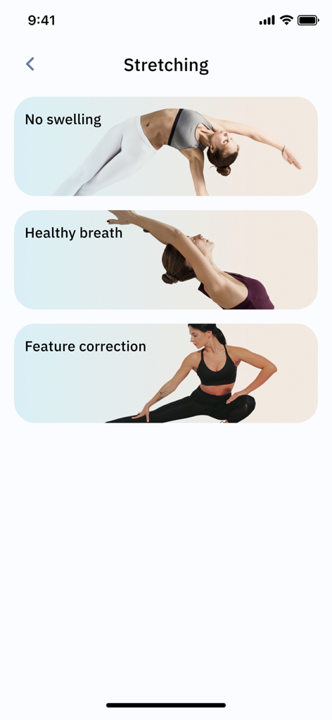Mobile app screen displaying various stretching categories including no swelling, healthy breath, and feature correction.