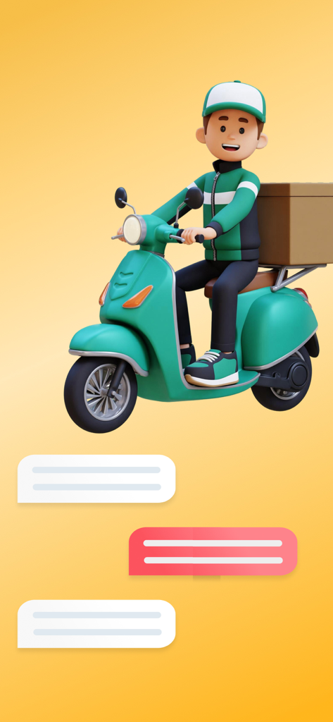 DeliWare - Food Delivery - 3D illustration of a smiling food delivery courier riding a teal scooter against a yellow background
