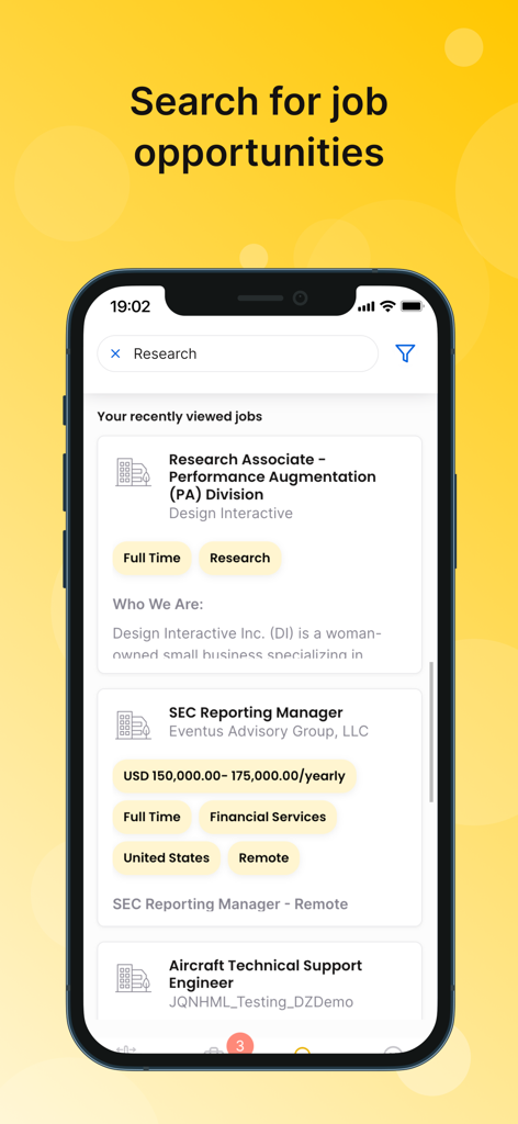 Obra mobile app screen displaying a list of job search results with salary and location information.