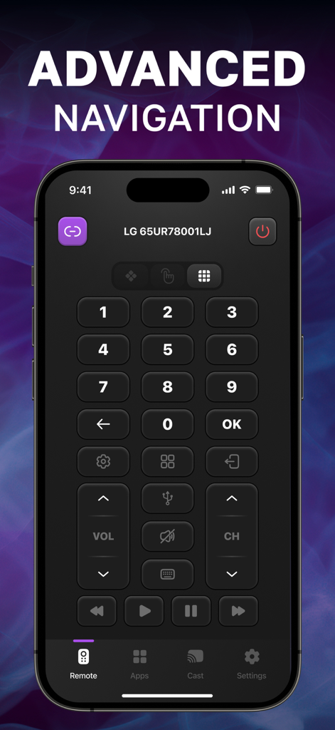 iPhone上のUniversal TV Remote Controlアプリの高度なナビゲーションインターフェース