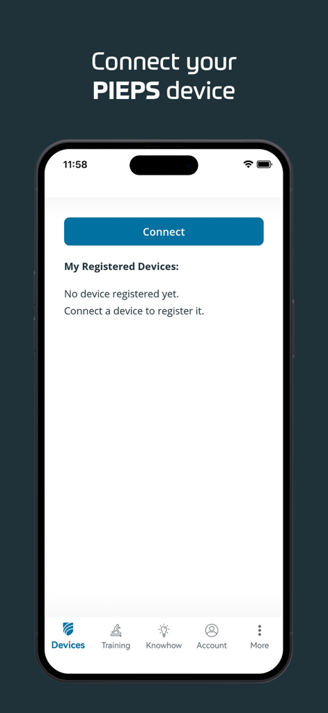 L'interfaccia dell'app mobile PIEPS che mostra la schermata per connettere e registrare un dispositivo ricetrasmettitore da valanga.